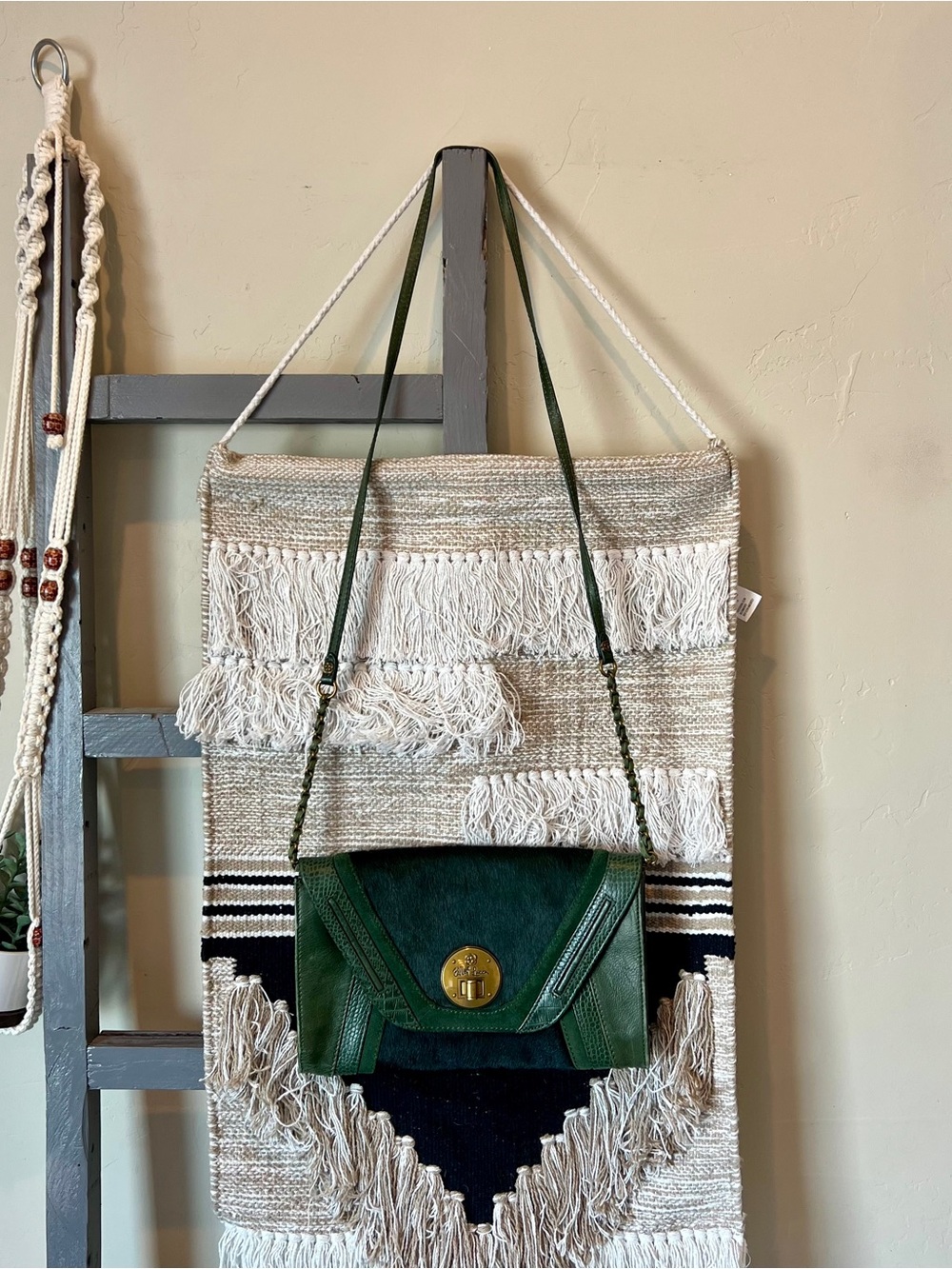 Elliott Lucca Green Leather Fur Shoulder Handbag Purse